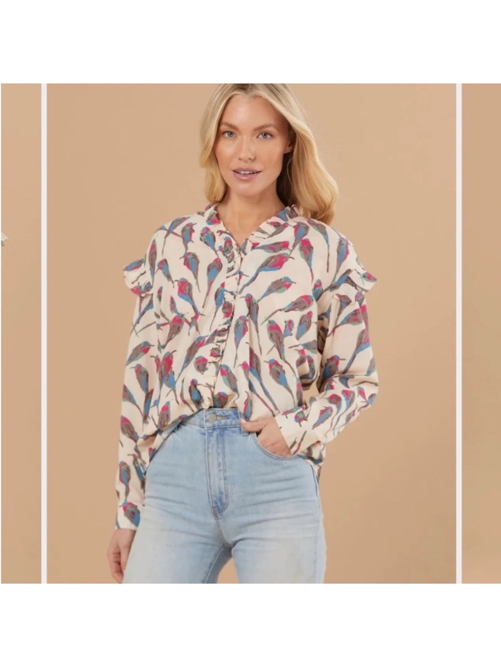 Sheridan French Devon Blue Bird Ruffle Blouse top